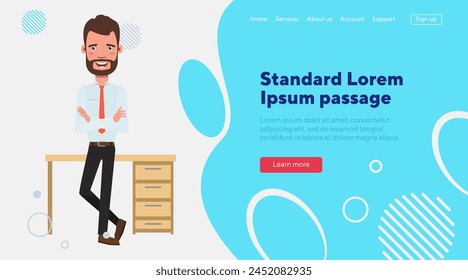 Male manager at desk flat vector illustration. Businessman with beard and folded arms standing near office table. White collar worker, office, business concept for web design or banner