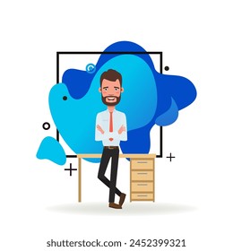 Male manager at desk flat vector illustration. Businessman with beard and folded arms standing near office table. White collar worker, office, business concept for web design or banner