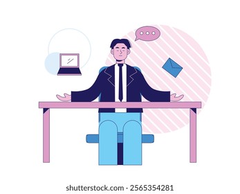 Male manager doing yoga in the office, calming and resting his mind from work. Character design. Vector flat illustration