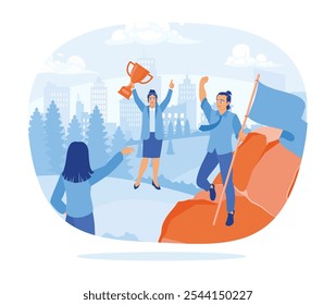 A male manager holding a flag on a hill. Businesswoman with trophy celebrating success. Colleagues rejoicing success concept. Flat vector illustration.