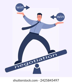 A male manager holds a balance on a swing with the inscription negotiations. Concept of difficult negotiations, negotiation skills in business, successful negotiations win-win. Vector in blue color.