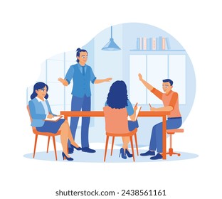 Male manager leading a meeting in the boardroom. Discuss and exchange ideas during meetings. Business Meeting concept. Flat vector illustration.