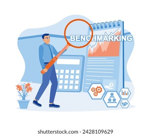  Gerente masculino observando y analizando las finanzas de la oficina. Usando gráficos y cuadernos. Concepto de evaluación comparativa. ilustración moderna de vector plano 