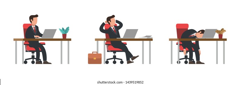 Male manager in office suit sitting at desk typing at laptop, relaxing after work in crossed legs pose, lying down at table as result of overwork. Flat modern vector illustration.