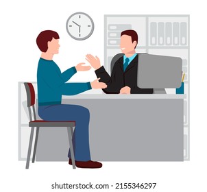 Male manager is sitting at a table. Young man is sitting on a chair. The guy communicates with the supervisor. Discussion between the boss and the subordinate. Vector illustration in flat style