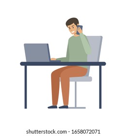 Male manager is working on a computer and talking on the phone. Vector flat illustration