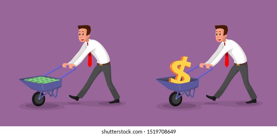 A male Manager works with a flat trolley trolley filled with gold dollar and bills. An office worker, a banker carrying a wheelbarrow full of cash. Business and Finance. Vector Illustration-Vector gra