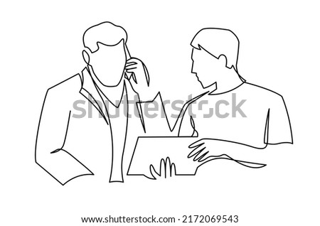 Male managers working continuous one line vector illustration. The boss and his assistant secretary making corrections in project. Men taking part in business meeting, brainstorming, talking.