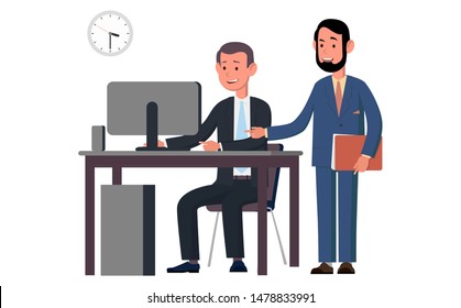 Male managers working on computer at office, making corrections in project, men worker or boss standing beside. Men taking part in business meeting, negotiation, brainstorming, talking