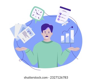 Male managing schedule and work time. Time management. Cartoon character planning project tasks. Schedule organization concept. Vector flat illustration in blue colors