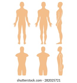 Male Mannequin Outlined Silhouette Torso (front, Back, Side View). Vector Illustration Isolated On White Background. You Can Use This Image For Fashion Design And Etc.