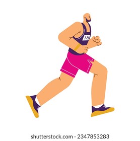 Corredora de maratón masculina. Hombre calvo con ropa deportiva jogging. Concepto de maratón racial. Caricatura deportiva y de fitness. Ilustración plana vectorial aislada en fondo blanco. En el atleta de camisa número 18