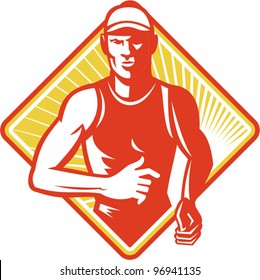 Male Marathon Runner Running Retro Woodcut