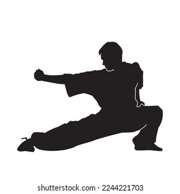 Artes marciales masculinas kung fu hombre de pie posando un vector de silueta. Imagen maestra de Shaolin.