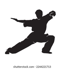 Male martial arts kung fu man standing posing silhouette vector. Shaolin master illustration.