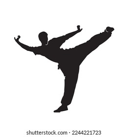 Artes marciales masculinas kung fu hombre de pie posando un vector de silueta. Imagen maestra de Shaolin.