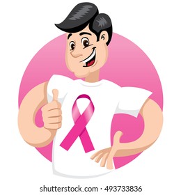male mascot supporting breast against awareness campaign, wearing a white shirt with pink ribbon. Ideal for educational materials and information