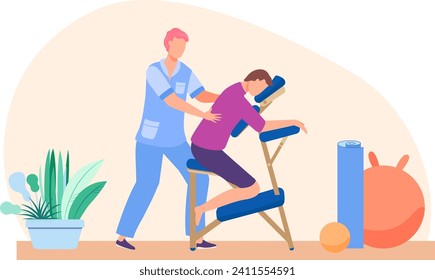 Male massage therapist giving back massage to female client in chair. Relaxation and wellness therapy session. Health care, physiotherapy and stress relief vector illustration.