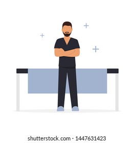 Male massagist in uniform character, fold arms, to fold one's arms. Flat vector illustration design.