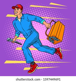 Male master repairman runs on call. Pop art retro vector illustration vintage kitsch 50s 60s