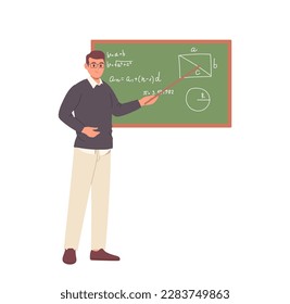 Male math teacher character standing at blackboard holding pointer and teaching mathematics lesson