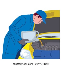 male mechanic add lubricant car oil