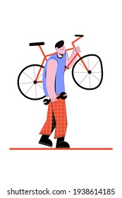 A male mechanic carries a broken bicycle on his shoulder for repair with a wrench in his hand. Illustration in a flat vector style on an isolated background. Concept for the repair of equipment