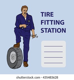 Male mechanic cartoon character. Tire fitting station. Hand drawn vector stock illustration.  