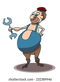 Male Mechanic Cartoon Stylized Character in a Blue Jumpsuit holding a Wrench smiling, vector illustration Isolated on a White Background.