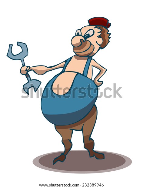 Male Mechanic Cartoon Stylized Character in a\
Blue Jumpsuit holding a Wrench smiling, vector illustration\
Isolated on a White\
Background.