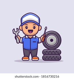 Male Mechanic Cartoon Vector Icon Illustration. People Profession Icon Concept Isolated Premium Vector. Flat Cartoon Style