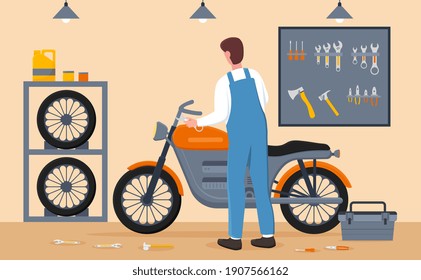 Male mechanic is customizing motorcycle at service garage. Man in overall is fixing and making bike more powerful. Flat cartoon vector illustration