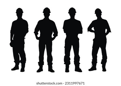 Männliche mechanische Silhouette auf weißem Hintergrund. Mechanische Männer mit Uniformen und stehenden Silhouettenbündeln. Männliche Arbeiter und Arbeiter mit anonymen Gesichtern. Mechanic Boys Silhouette Kollektion.