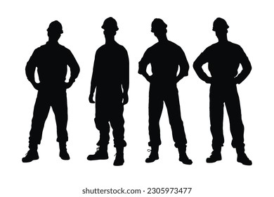 Male mechanic silhouette set vector on a white background. Male industrial workers wearing uniforms and standing in different positions. Anonymous mechanic men wearing safety helmets silhouette bundle