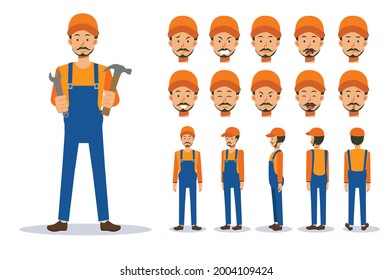 Male mechanic,repairer in various views, Cartoon style.Flat Vector Character illustration