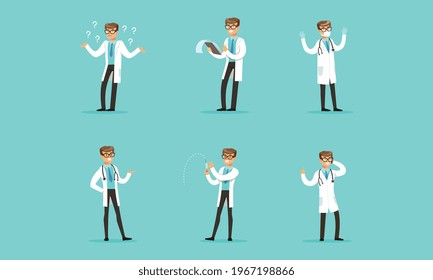 Male Medical Doctor Activity Set, Cheerful Doctor Physician Character in White Coat Vector Illustration