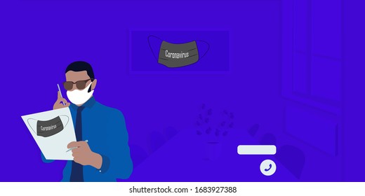 Male  a medical mask  talking on the phone.In the background, a medical mask with the words coronavirus appears on the screen.Vector