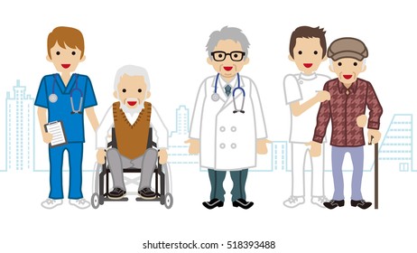Male Medical Occupation team and elderly men Cityscape background