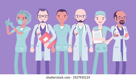 Male medical professional, clinic doctor, hospital nurse, emergency technicians. Group of young handsome healthcare workers in sanitary clothing and uniform. Vector flat style cartoon illustration