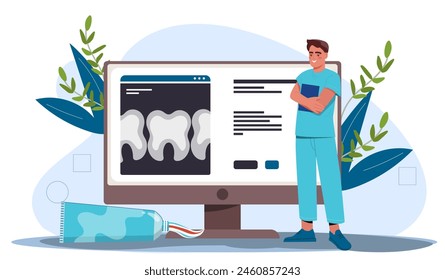 Un profesional médico masculino se para al lado de una pantalla de computadora de gran tamaño que muestra los dientes, ambientada dentro de un entorno sanitario abstracto, Ilustración vectorial