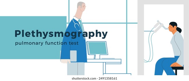 Male Medical Specialist and Female Patient Performs Whole Body Plethysmography in Medical Office or Laboratory. Modern Flat Vector Concept Illustration. Website Banner, Landing Page Design Template.