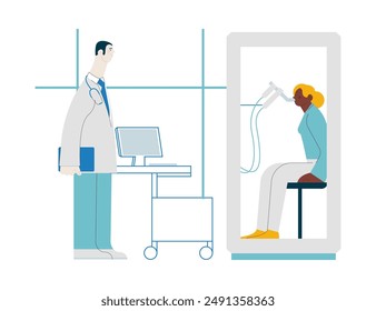 Male Medical Specialist and Female Patient Performs Whole Body Plethysmography in Medical Office or Laboratory. Modern Flat Vector Concept Illustration. Website Banner, Landing Page Design Template.