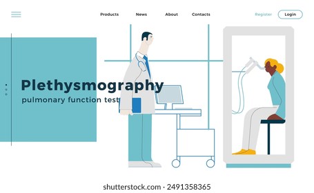 Male Medical Specialist and Female Patient Performs Whole Body Plethysmography in Medical Office or Laboratory. Modern Flat Vector Concept Illustration. Website Banner, Landing Page Design Template.