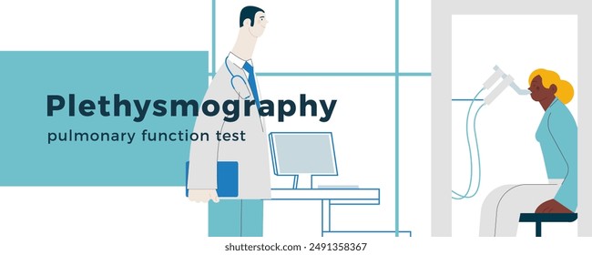 Male Medical Specialist and Female Patient Performs Whole Body Plethysmography in Medical Office or Laboratory. Modern Flat Vector Concept Illustration. Website Banner, Landing Page Design Template.