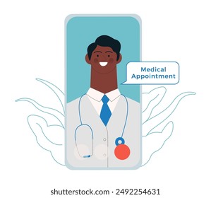 Male Medical Specialist on a Screen of Smartphone. Modern Flat Vector Illustration. Medical Appointment Online Through Device Concept. Website Banner, Landing Page Template.