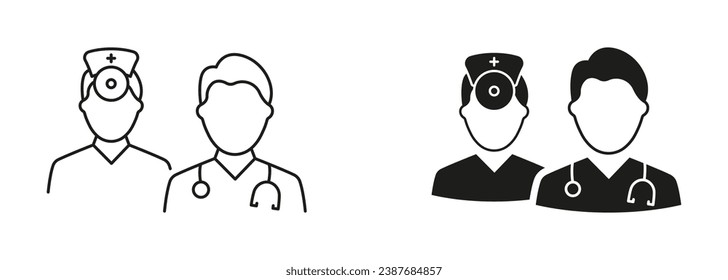 Male Medical Specialists Group Pictogram Set. Doctor and Man Nurse Team Line and Silhouette Icons. Healthcare Professional Hospital Staff Black Symbol Collection. Isolated Vector Illustration.