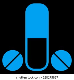 Male Medication vector icon. Style is flat symbol, blue color, rounded angles, black background.