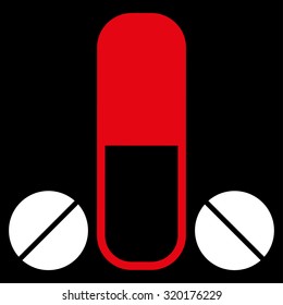 Male Medication vector icon. Style is bicolor flat symbol, red and white colors, rounded angles, black background.