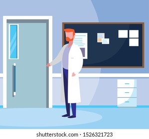 male medicine worker in hospital corridor vector illustration design