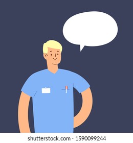 Male medicine worker, medic with speech bubble and place for text. Man hospital medical staff. Doctor, surgeon, physician, paramedic, nurse. Hand drawn colored illustration. Cartoon vector character